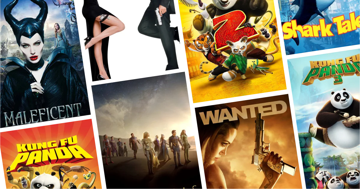 Collage of eight movies and TV series posters from 30 Angelina Jolie Movies to Watch: Action, drama, and powerful heroine roles