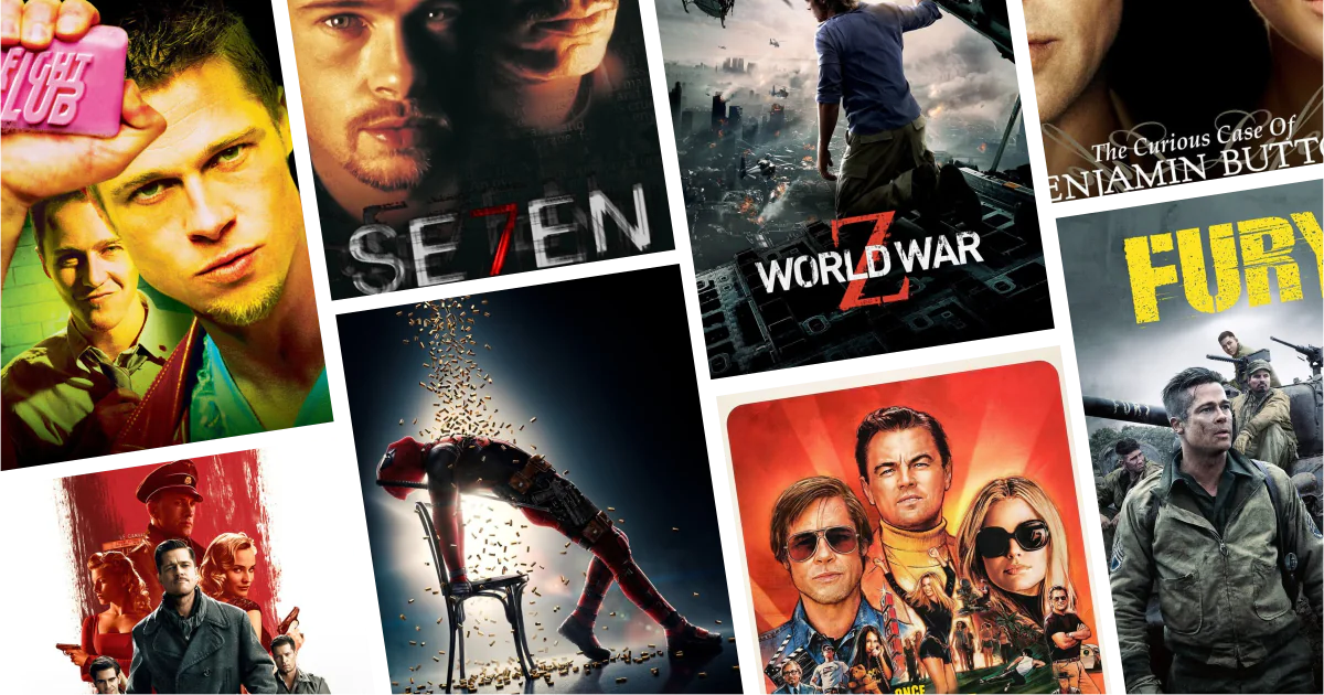 Collage of eight movies and TV series posters from 30 Brad Pitt Movies and Series to Watch: Drama, action, and unforgettable modern classics