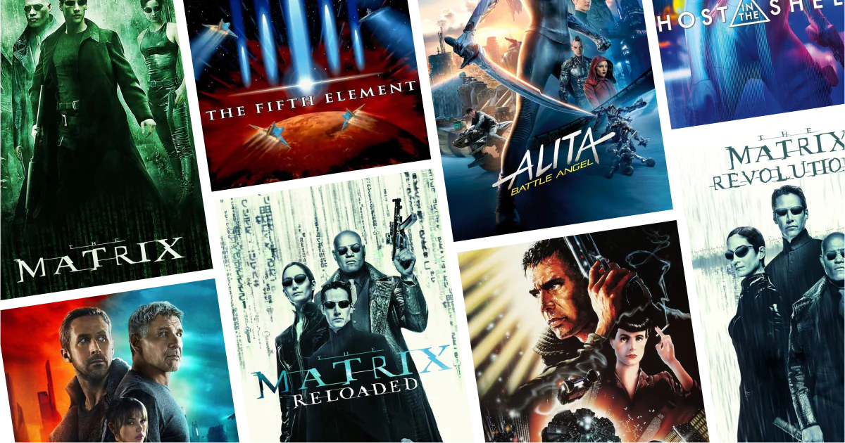Collage of eight cyberpunk movies posters from 30 Cyberpunk Movies to Watch