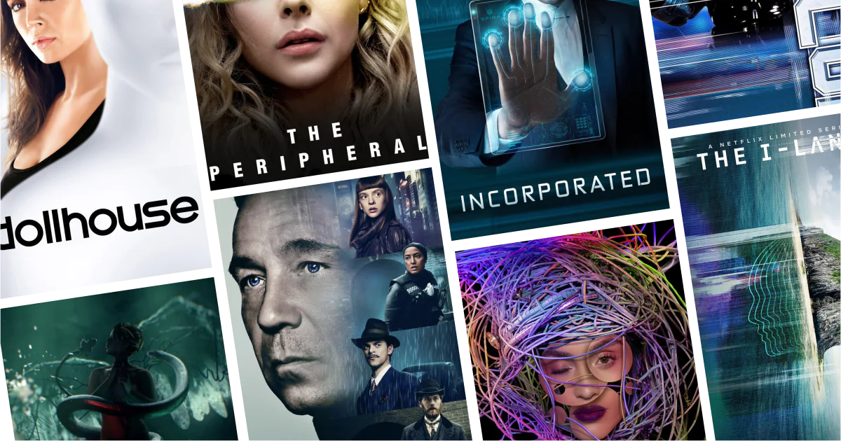 คอลลาจโปสเตอร์ซีรีส์ไซเบอร์พังค์ 8 เรื่องจากลิสต์ 10 ซีรีส์ไซเบอร์พังค์น่าดู มหานครนีออน บริษัทครองโลก และมนุษย์ในยุคเทคโนโลยีมืด