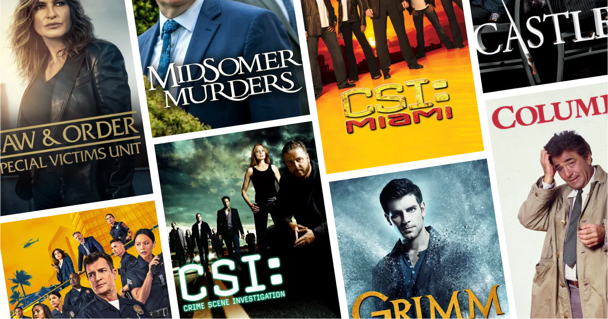 Collage of eight detective series posters from 100 Detective Series to Watch