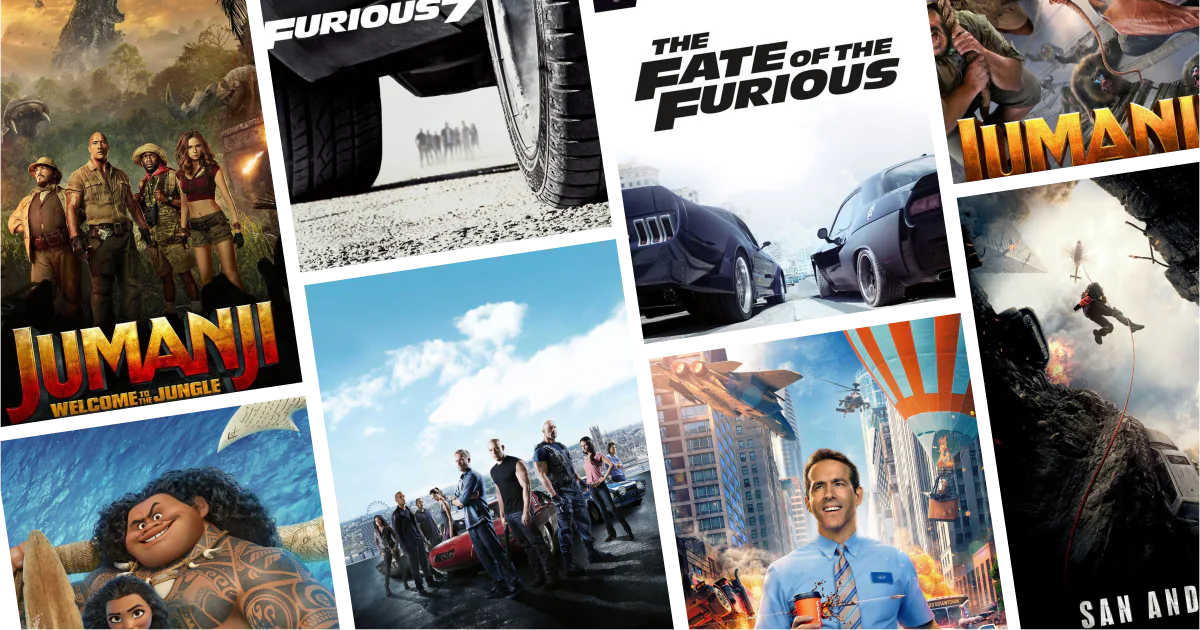 Collage of eight movies and TV series posters from 30 Dwayne Johnson Movies and Series to Watch: Action, adventure, and crowd-pleasing blockbuster fun