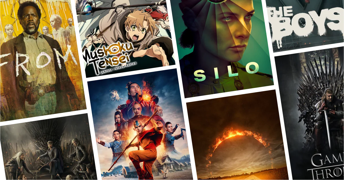 Collage of eight fantasy series posters from 100 Fantasy Series to Watch