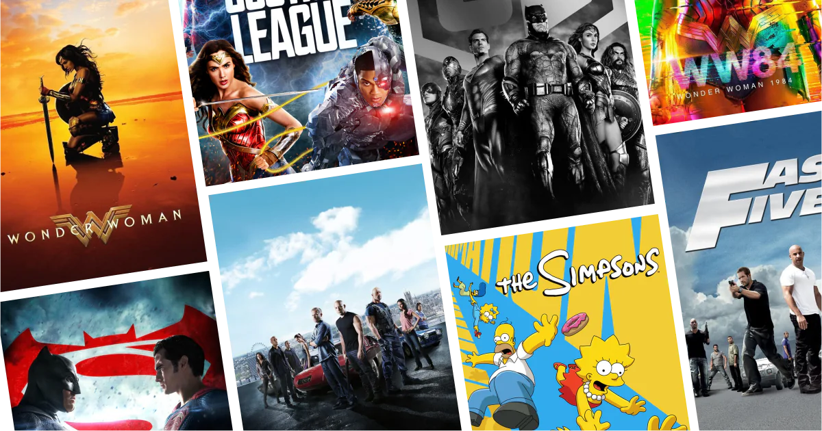 Collage of eight movies and TV series posters from 30 Gal Gadot Movies and Series to Watch: Action, heroines, and high-energy adventure
