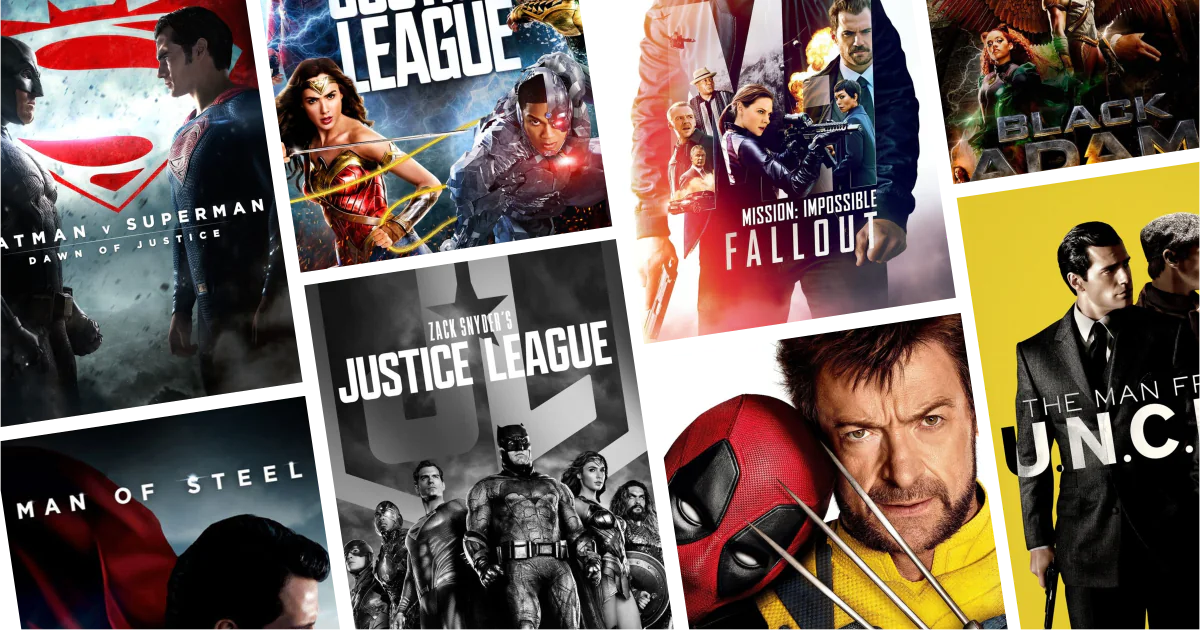 Collage of eight movies and TV series posters from 30 Henry Cavill Movies and Series to Watch: From Superman to fantasy and intense action