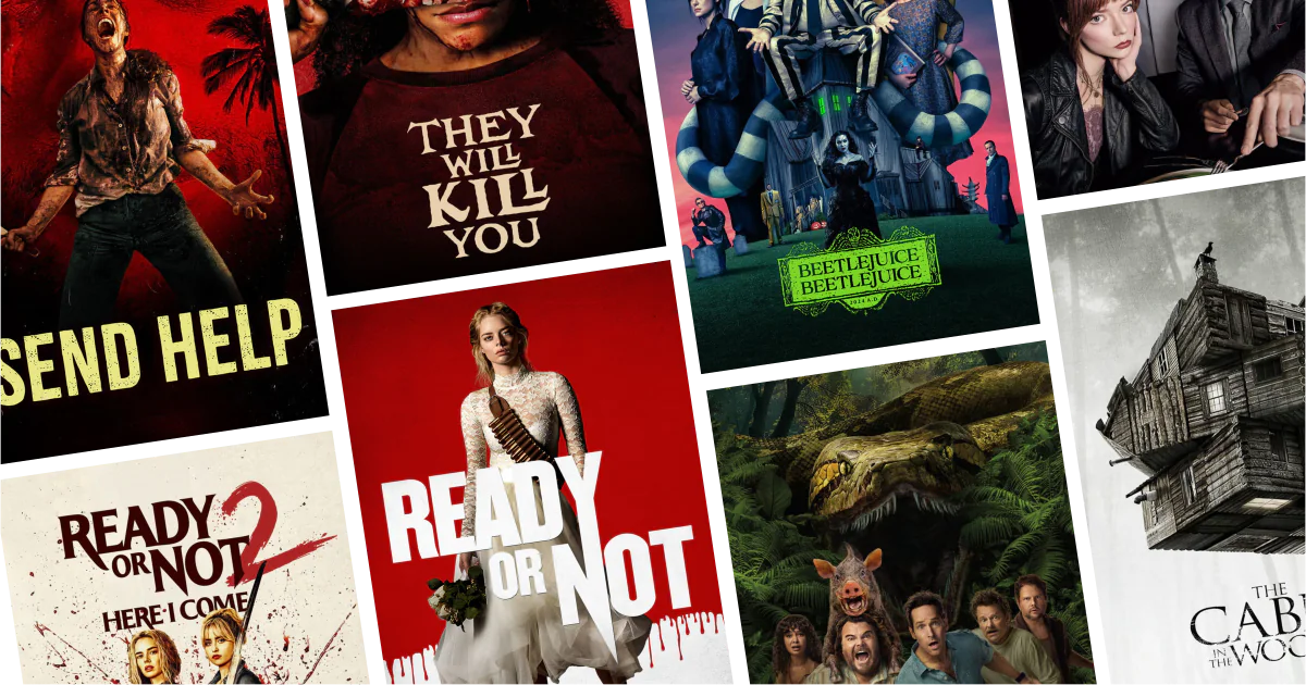 Collage of eight horror comedy movies posters from 100 Horror Comedy Movies to Watch