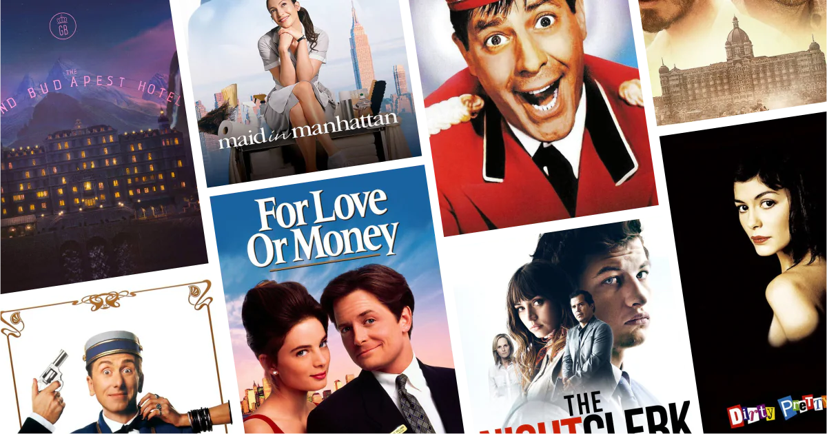 Collage of eight hotel worker movies posters from 10 Hotel Worker Movies to Watch