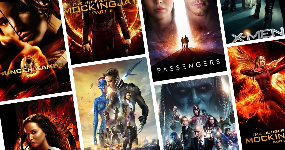 Collage of eight movies and TV series posters from 30 Jennifer Lawrence Movies and Series to Watch: From The Hunger Games to award-winning drama
