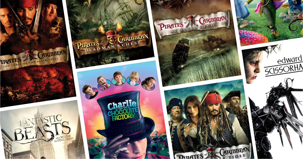 Collage of eight movies and TV series posters from 30 Johnny Depp Movies and Series to Watch: Fantasy, pirates, and eccentric star turns