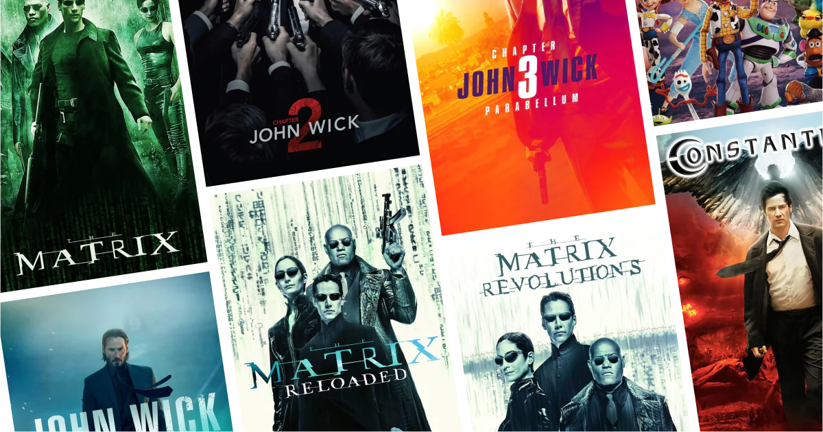 Collage of eight movies and TV series posters from 30 Keanu Reeves Movies and Series to Watch: Action, sci-fi, and iconic screen roles