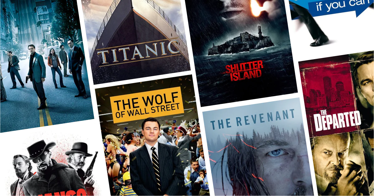 Collage of eight movies and TV series posters from 30 Leonardo DiCaprio Movies to Watch: From Titanic to Inception