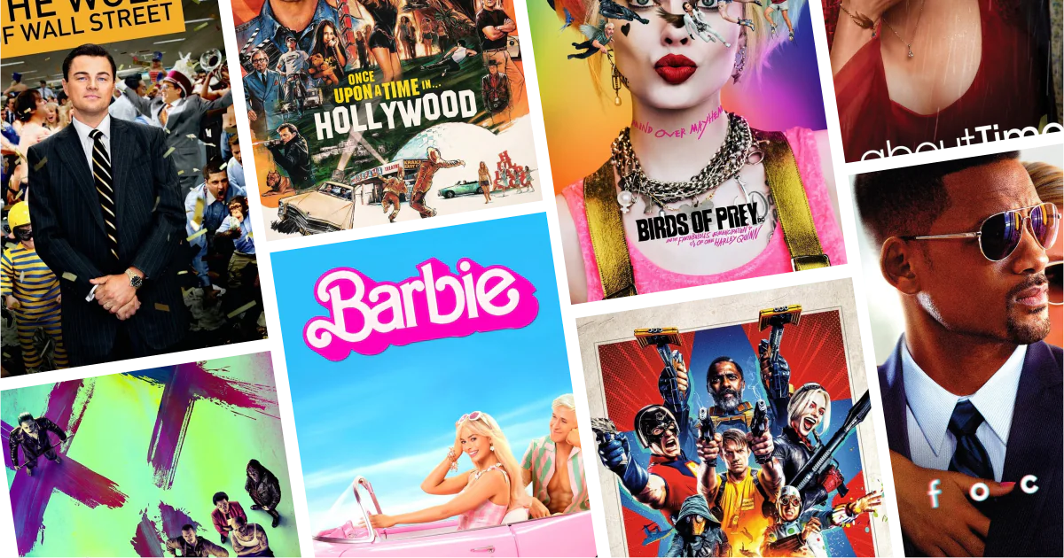 Collage of eight movies and TV series posters from 30 Margot Robbie Movies and Series to Watch: From Barbie to bold dramatic roles