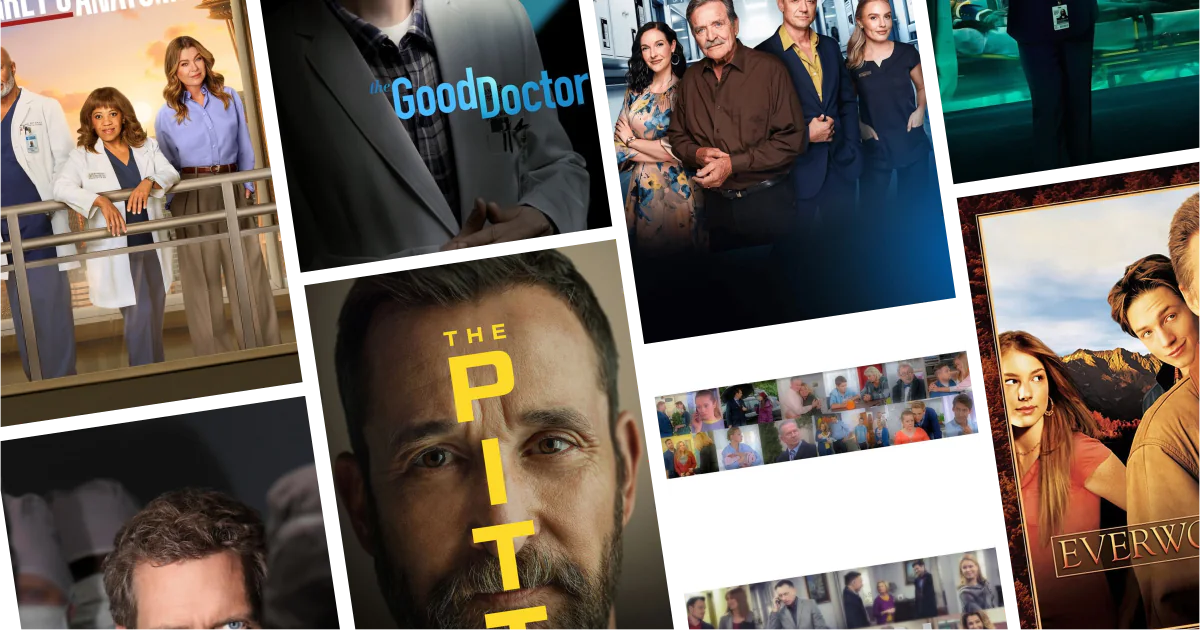Collage of eight medical series posters from 100 Medical Series to Watch