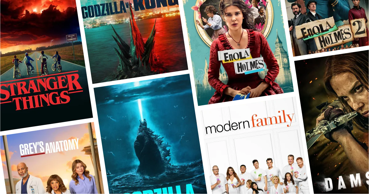 Collage of eight movies and TV series posters from 10 Millie Bobby Brown Movies and Series to Watch: From Stranger Things to adventure-led roles