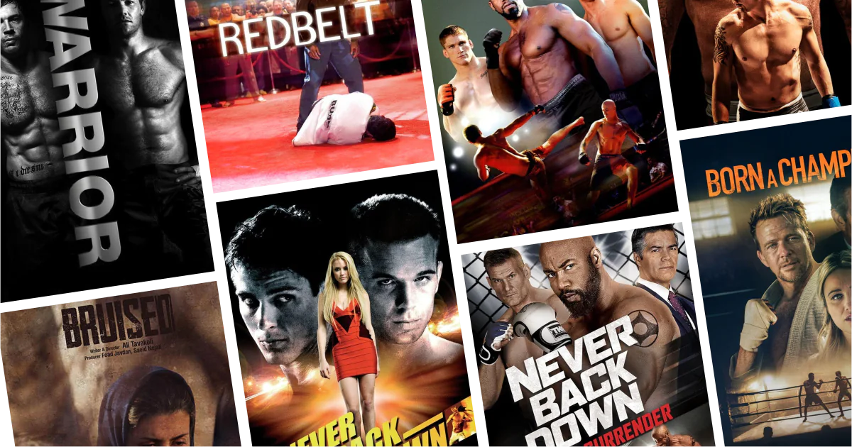 คอลลาจโปสเตอร์หนัง 8 เรื่องจากลิสต์ 10 หนัง MMA น่าดู กรงเหล็ก ศิลปะการต่อสู้ผสม และนักสู้ที่เดิมพันทุกอย่าง