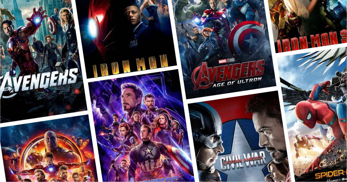 Collage of eight movies and TV series posters from 30 Robert Downey Jr. Movies and Series to Watch: From Iron Man to top-tier dramatic turns