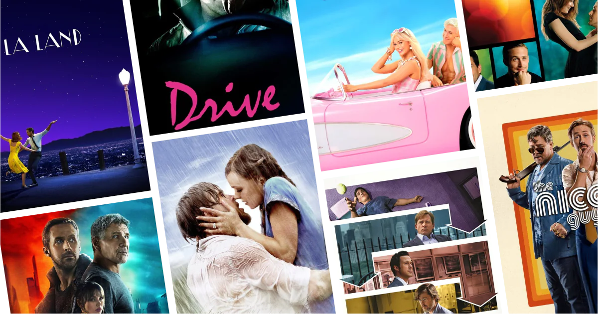 Collage of eight movies and TV series posters from 30 Ryan Gosling Movies and Series to Watch: Romance, drama, action, and cool iconic roles