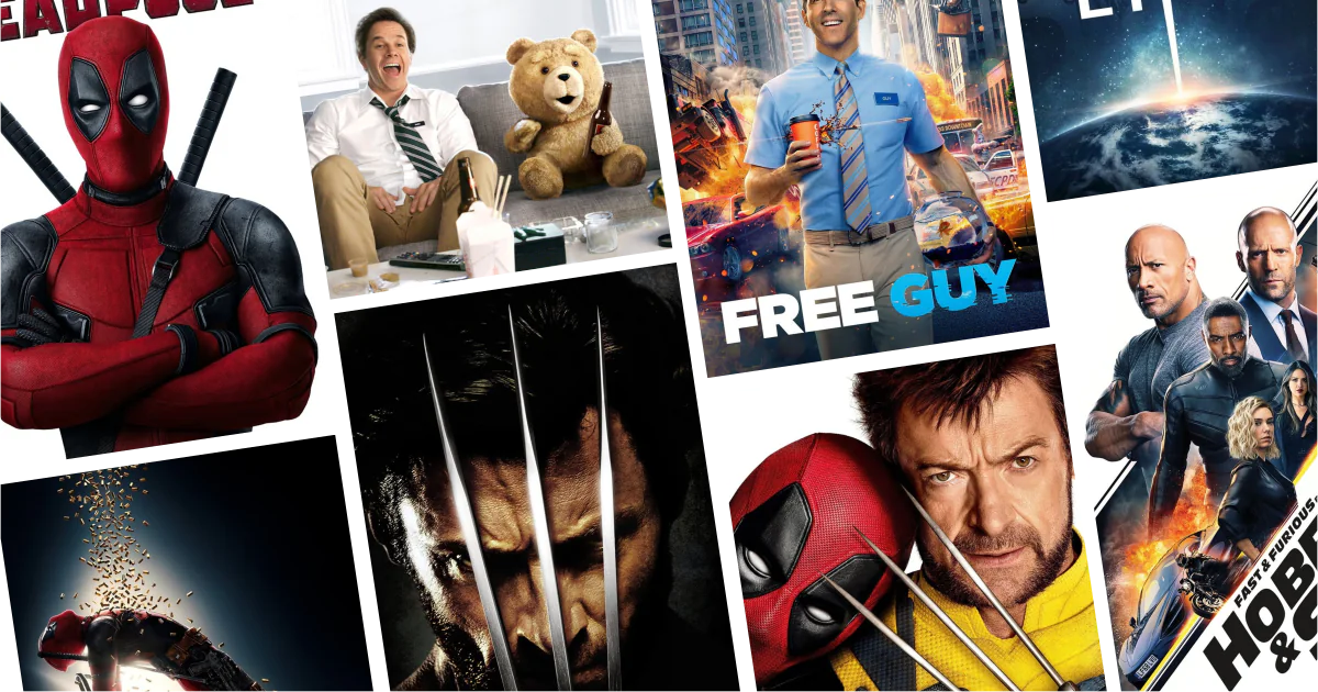 Collage of eight movies and TV series posters from 30 Ryan Reynolds Movies and Series to Watch: Comedy, action, and chaotic superhero fun