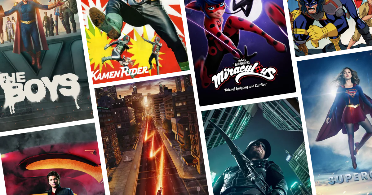 Collage of eight superhero series posters from 30 Superhero Series to Watch