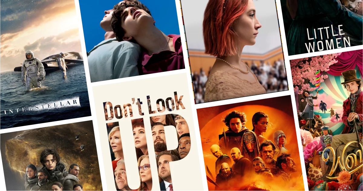 Collage of eight movies and TV series posters from 30 Timothée Chalamet Movies and Series to Watch: Drama, romance, and new-generation sci-fi