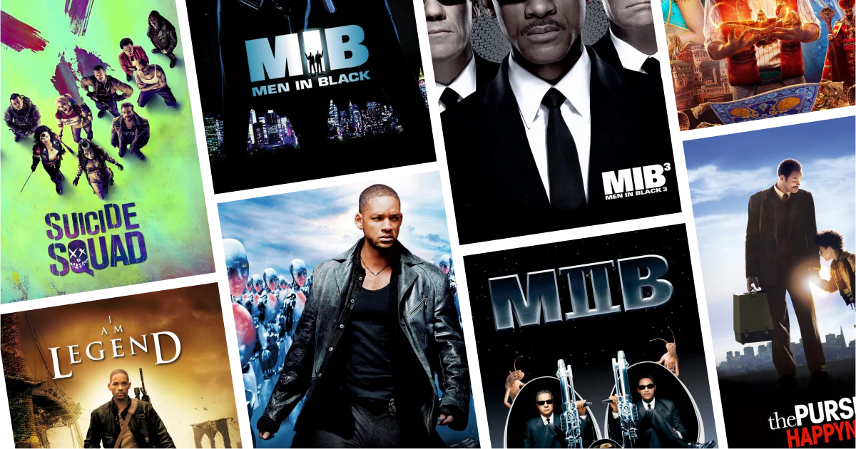Collage of eight movies and TV series posters from 30 Will Smith Movies and Series to Watch: Action, sci-fi, comedy, and 90s favorites